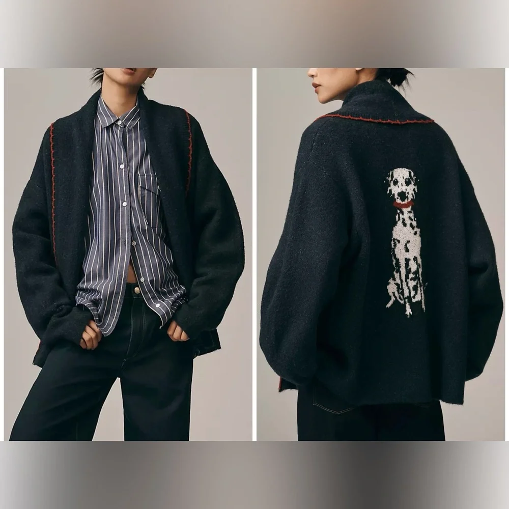 NWT Anthropologie Flat White Mariel Longline Cardigan: Dog Icon Edition navy OS - Picture 1 of 8